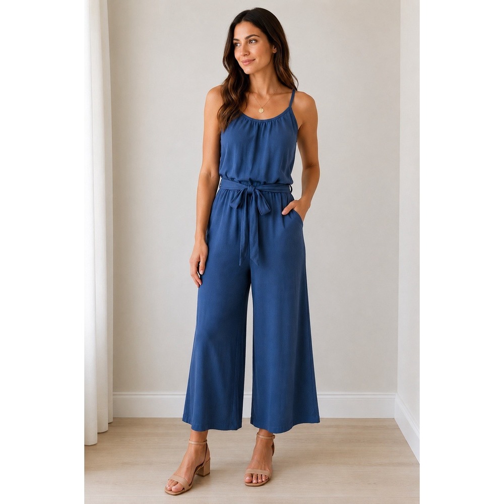 LOFT Blue Wide Leg Jumpsuit Women's LARGE Elastic Waist Pockets Strappy Back